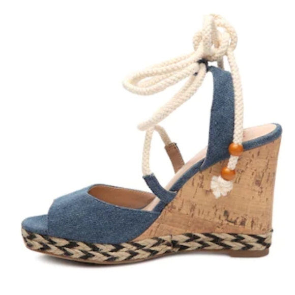 Mix No 6 Denim Strappy Tie Up Wedge Sandal Size 9 - Picture 4 of 11
